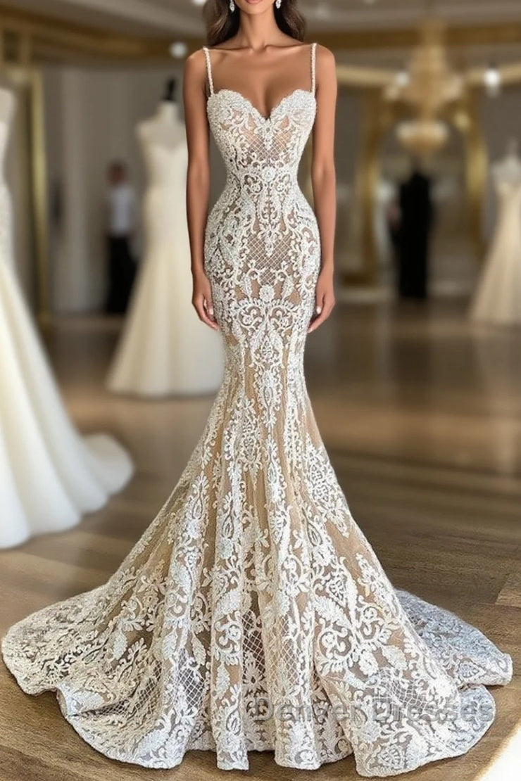 Long Mermaid Sweetheart Spaghetti Straps Appliques Lace Wedding Dress Main image