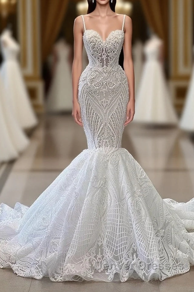 Long Mermaid Sweetheart Spaghetti Straps Tulle Beading Wedding Dress with Ruffles Main image