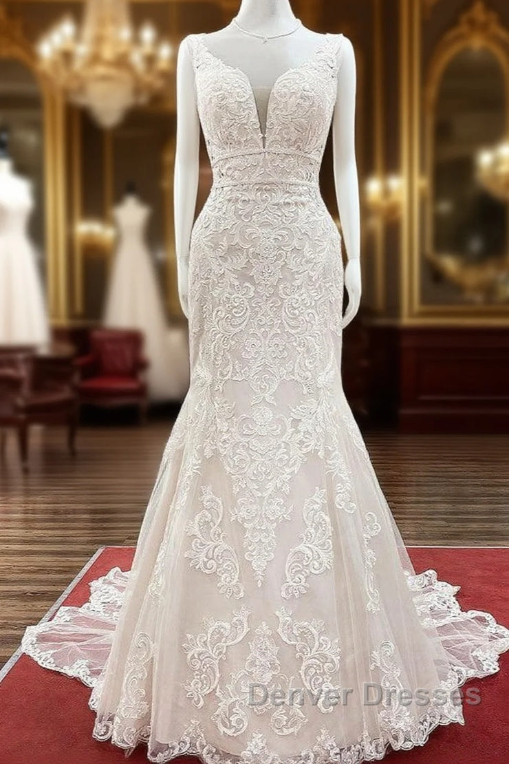 Long Mermaid Tulle Sleeveless Lace Backless Wedding Dress Main image