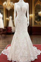 Long Mermaid Tulle Sleeveless Lace Backless Wedding Dress