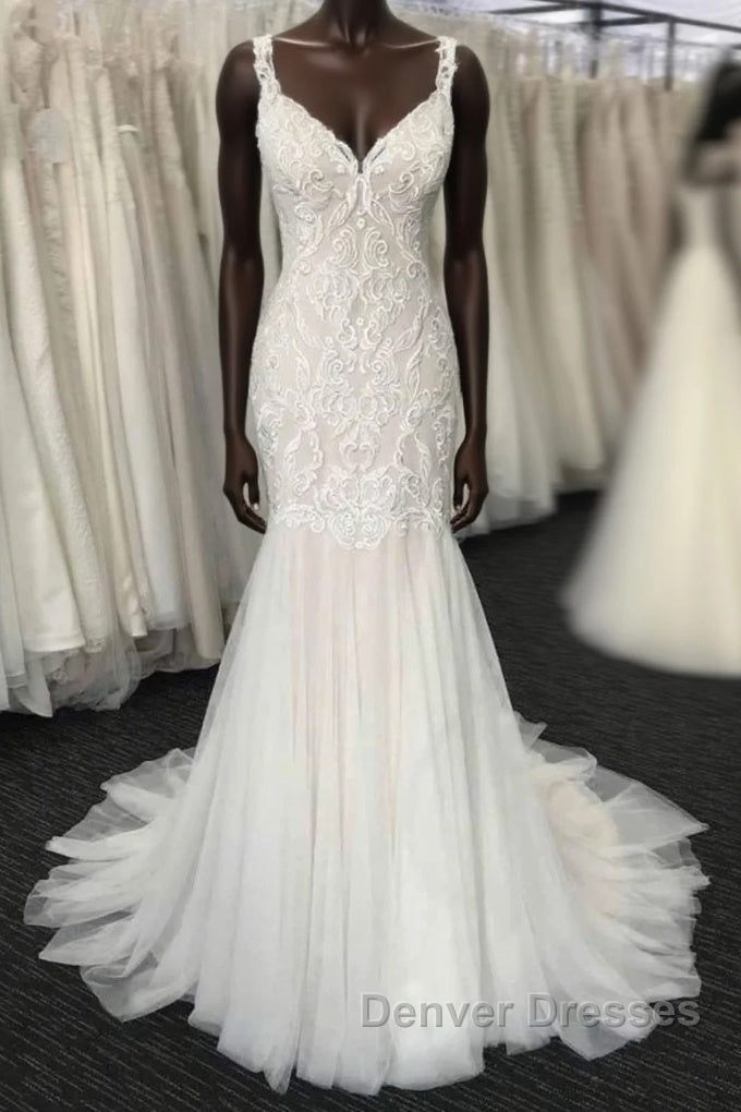 Long Mermaid Tulle V Neck Lace Wedding Dress Main image