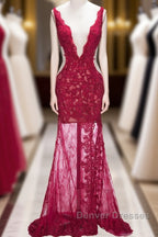 Long Mermaid V-neck Lace Appliques Prom Dress with Slit