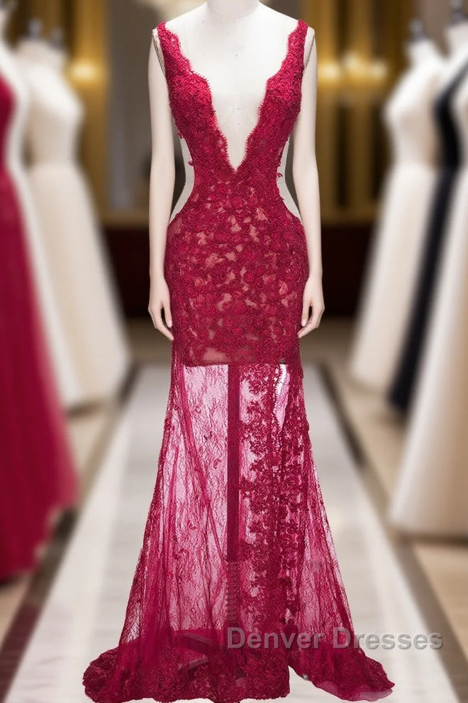 Long Mermaid V-neck Lace Appliques Prom Dress with Slit