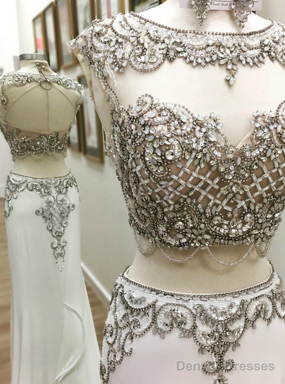 Long Mermaid White Chiffon Two Piece Backless Prom Dress Main image