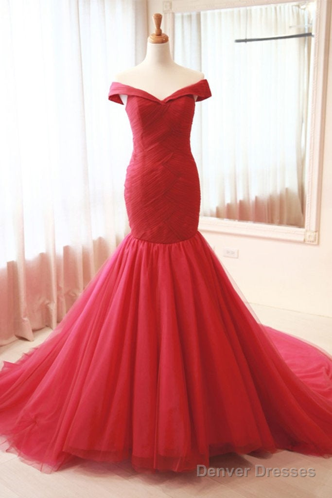 Long Off The Shoulder Red Tulle Mermaid Prom Dress Main image