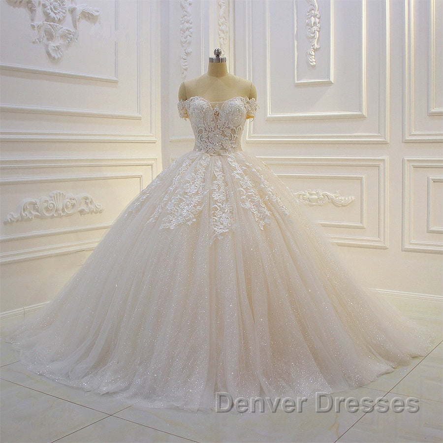 Long Off the Shoulder Sweetheart Ball Gown Sequin Appliques Lace Wedding Dress Secondary image