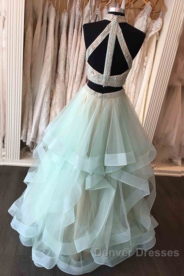Long Open Back Mint Two Piece High Neck Organza Prom Dress
