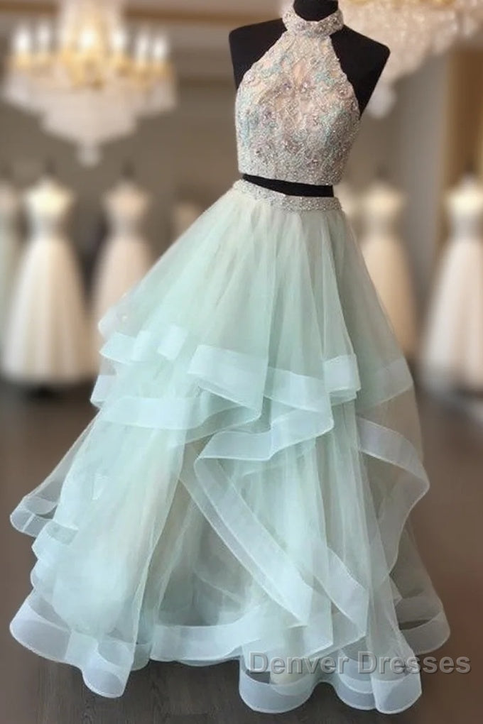Long Open Back Mint Two Piece High Neck Organza Prom Dress Main image