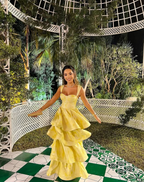 Vintage Pastel Yellow Ruffle Tiered A-Line Long Party Dress Prom Dress