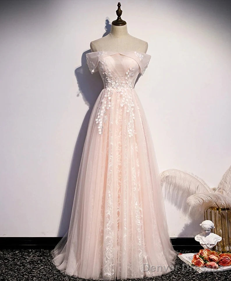 Long Pink Off Shoulder A-line Prom Dress with Lace, Sweetheart Evening Dress Main image