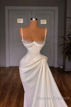 Long Pleated Satin Evening Dress White Mermaid Prom Dress