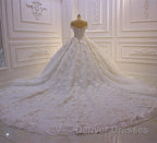 Long Princess Sweetheart Off-the-Shoulder Backless Appliques Lace Ruffles Tulle Wedding Dress