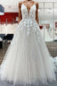 Long Princess Tulle V Neck Sequins Lace Appliques Wedding Dress