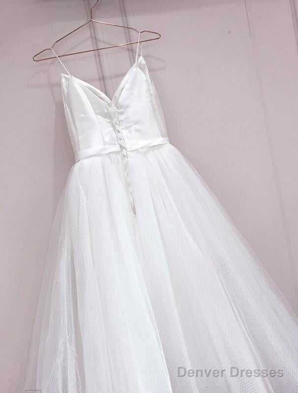Long Prom Dress Simple White Tulle With Satin V-Neckline Tea Length Wedding Dress, Simple White Party Dress