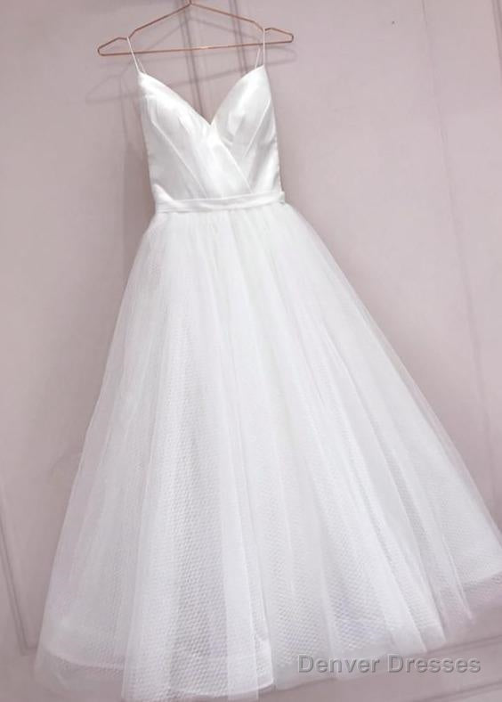 Long Prom Dress Simple White Tulle With Satin V-Neckline Tea Length Wedding Dress, Simple White Party Dress