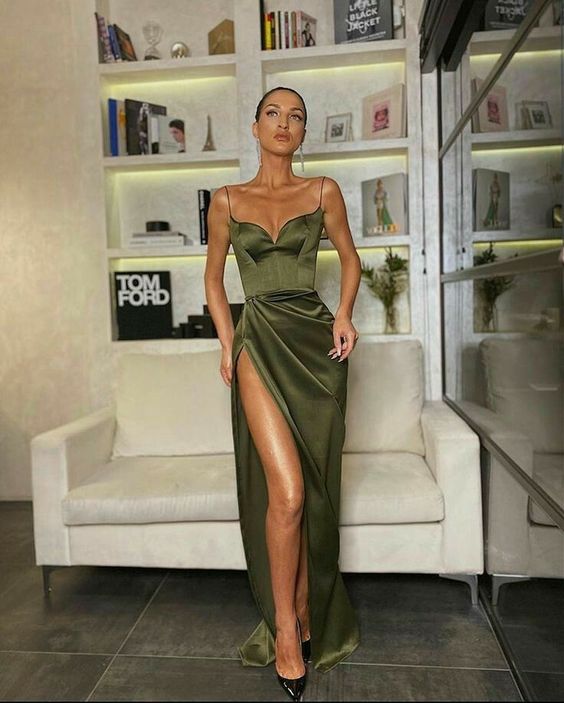 Green/Black New Style Fashion Spaghetti Straps Long Slit Sexy Satin Prom Dress Evening Dress Formal Dress Main image