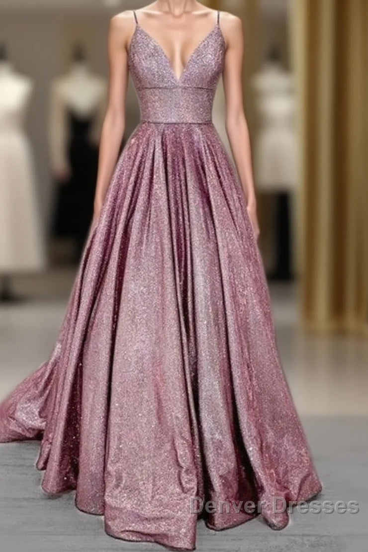Long Prom Dress Glitter V Neck With Pockets