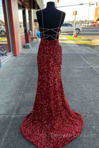 Long Prom Dress Red Sequins Beaded Mermaid Evening Dress Straps