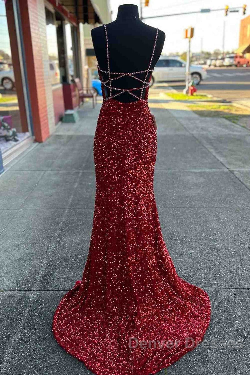 Long Prom Dress Red Sequins Beaded Mermaid Evening Dress Straps
