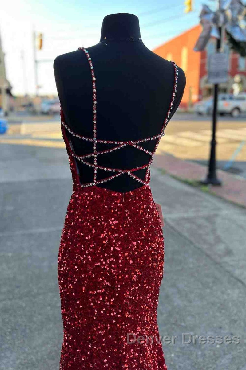 Long Prom Dress Red Sequins Beaded Mermaid Evening Dress Straps
