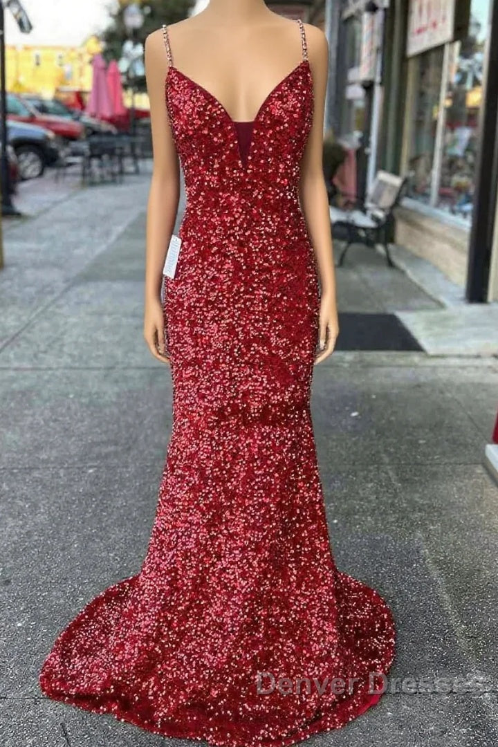 Long Prom Dress Red Sequins Beaded Mermaid Evening Dress Straps