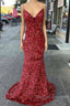 Long Prom Dress Red Sequins Beaded Mermaid Evening Dress Straps