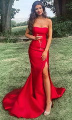 Long Prom Dress, Strapless Mermaid Red Prom Dress With Slit