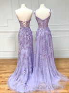 Long Purple Lace Prom Dress,Unique A Line Formal Evening Dress