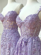 Long Purple Lace Prom Dress,Unique A Line Formal Evening Dress