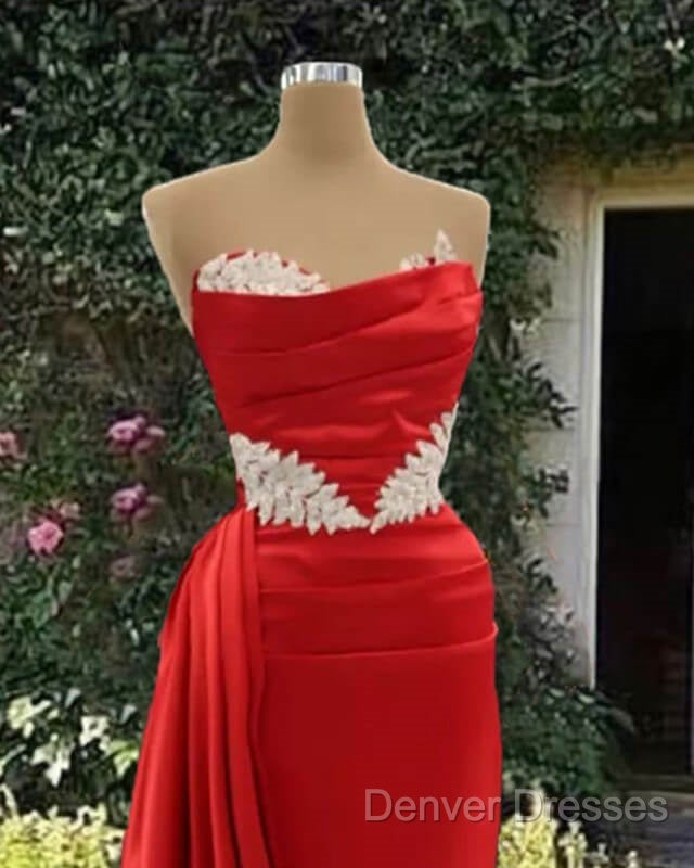 Long Red Mermaid Satin Strapless With Lace Embroidery