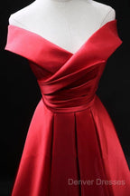 Long Red Satin Prom Dress Off The Shoulder Evening Gowns