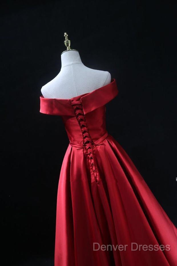 Long Red Satin Prom Dress Off The Shoulder Evening Gowns
