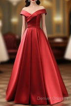 Long Red Satin Prom Dress Off The Shoulder Evening Gowns