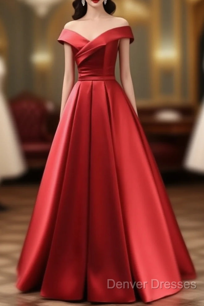 Long Red Satin Prom Dress Off The Shoulder Evening Gowns