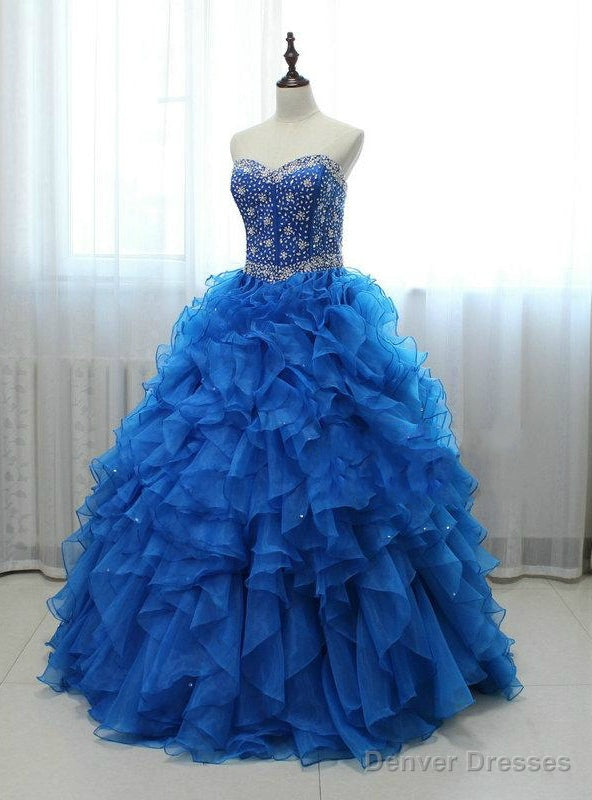 Long Royal Blue Beaded Organza Featuring Sweetheart Neck Prom Dresses