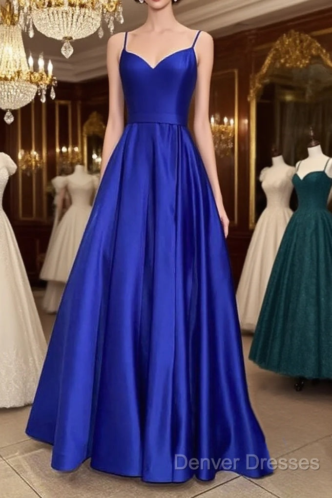 Long Royal Blue V Neck Prom Dress Spaghetti Strap