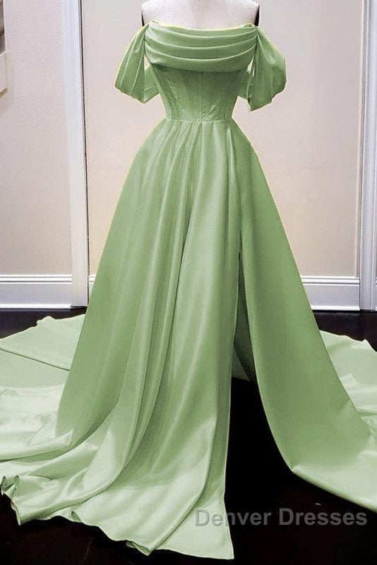 Long Satin Corset Prom Dress Off The Shoulder Side Split