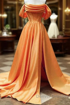 Long Satin Corset Prom Dress Off The Shoulder Side Split