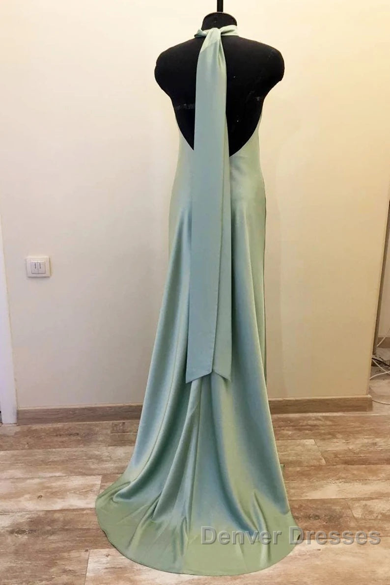 Long Satin Draped Sage Green Halter Bridesmaid Dress Secondary image