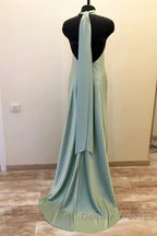 Long Satin Draped Sage Green Halter Bridesmaid Dress