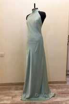 Long Satin Draped Sage Green Halter Bridesmaid Dress