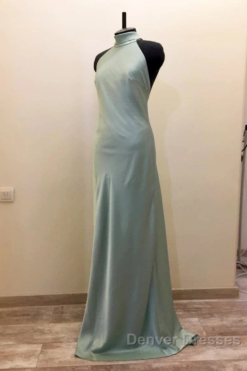 Long Satin Draped Sage Green Halter Bridesmaid Dress