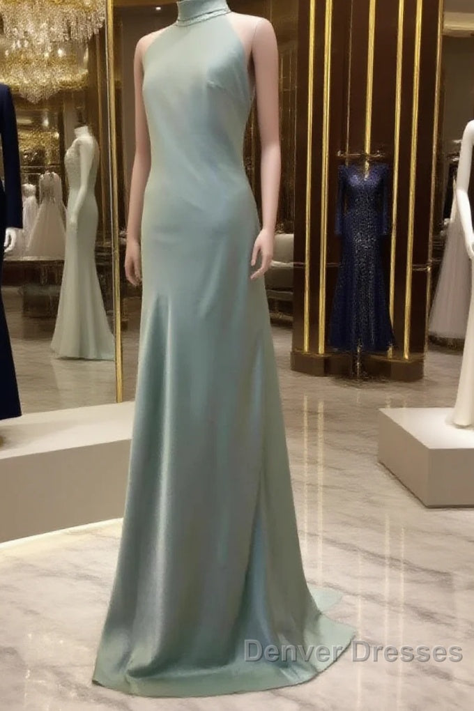 Long Satin Draped Sage Green Halter Bridesmaid Dress Main image