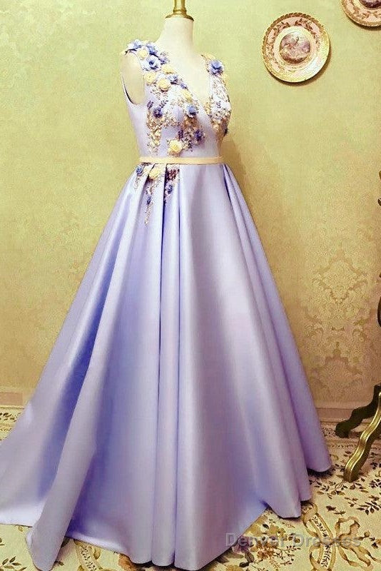 Long Satin Empire Prom Dresses V Neck 3D Flowers Embroidery Secondary image