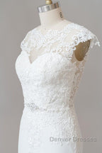 Long Sheath  Illusion Lace Wedding Dress with Cap Sleeve