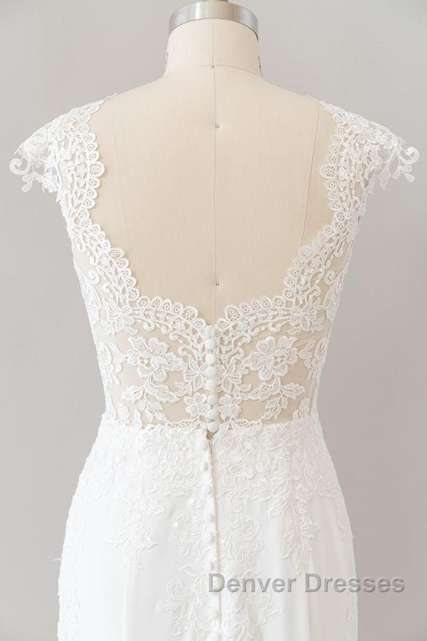 Long Sheath  Illusion Lace Wedding Dress with Cap Sleeve