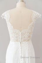 Long Sheath  Illusion Lace Wedding Dress with Cap Sleeve