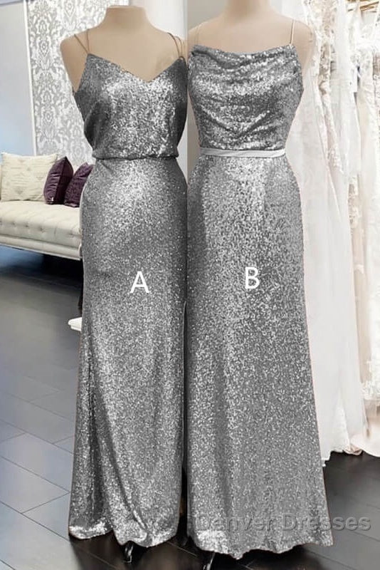 Long Silver Sequin Bridesmaid Dress Spaghetti Strap Secondary image