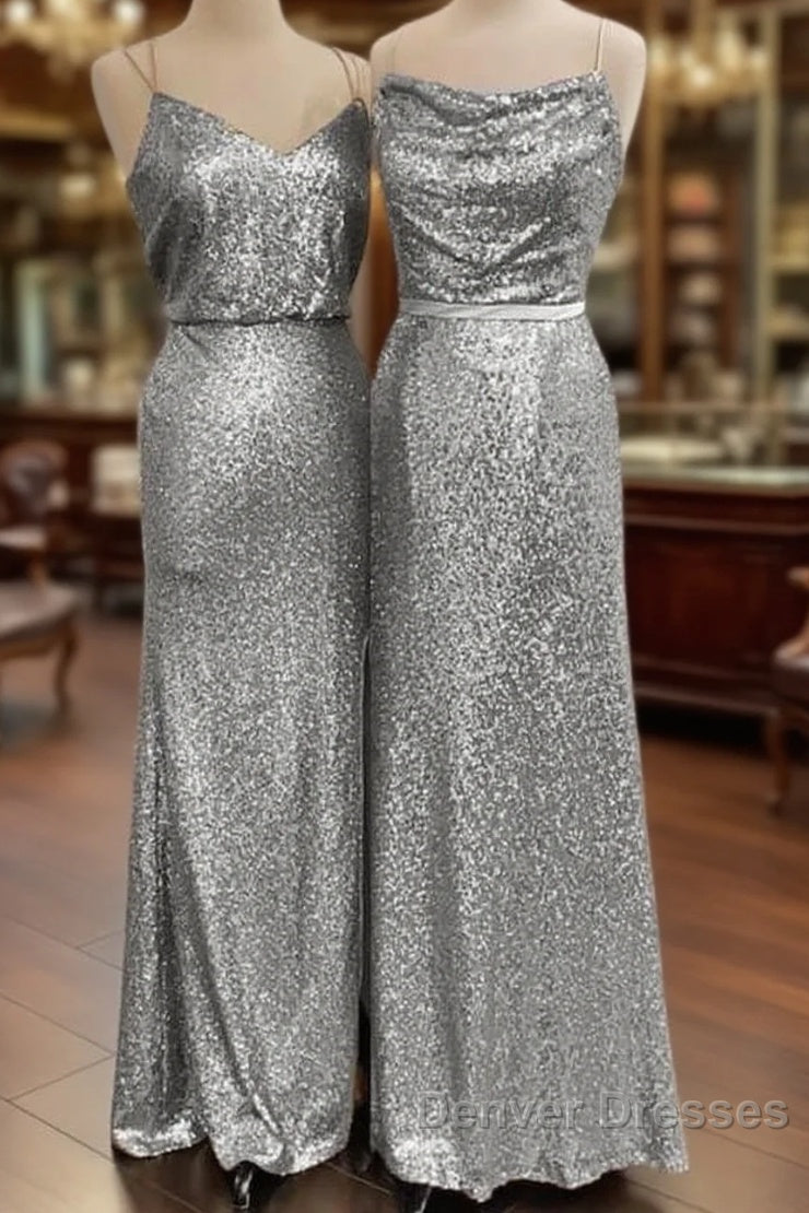 Long Silver Sequin Bridesmaid Dress Spaghetti Strap Main image