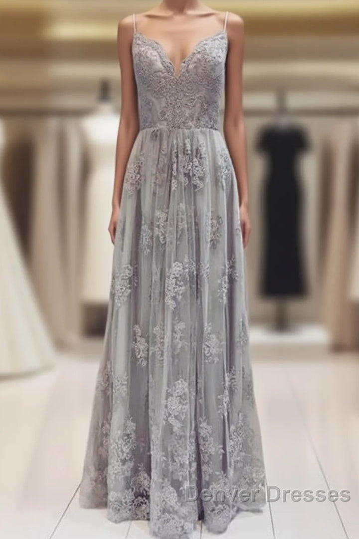 Long Silver Tulle Bridesmaid Dress Lace Appliques Main image